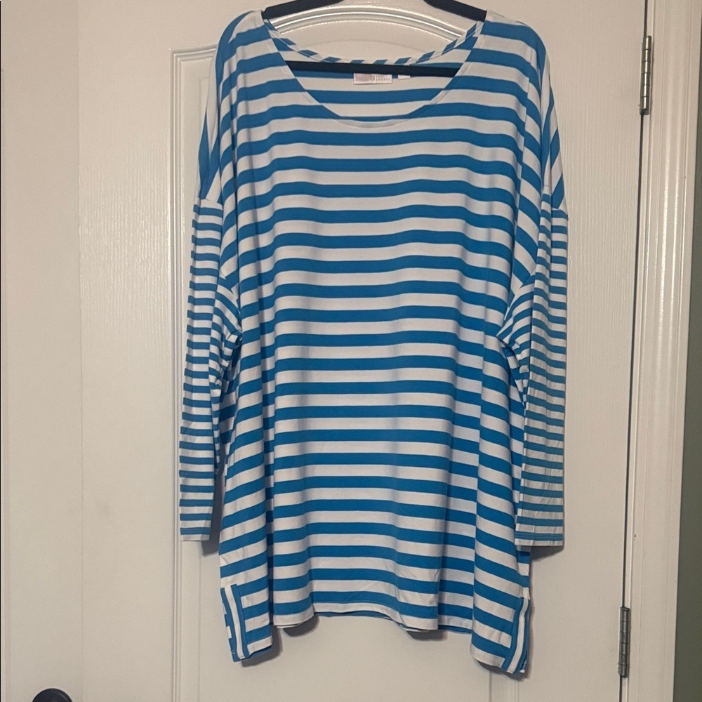 Belle by Kim Gravel Blue and White Striped Long Sleeve Top Size 4X